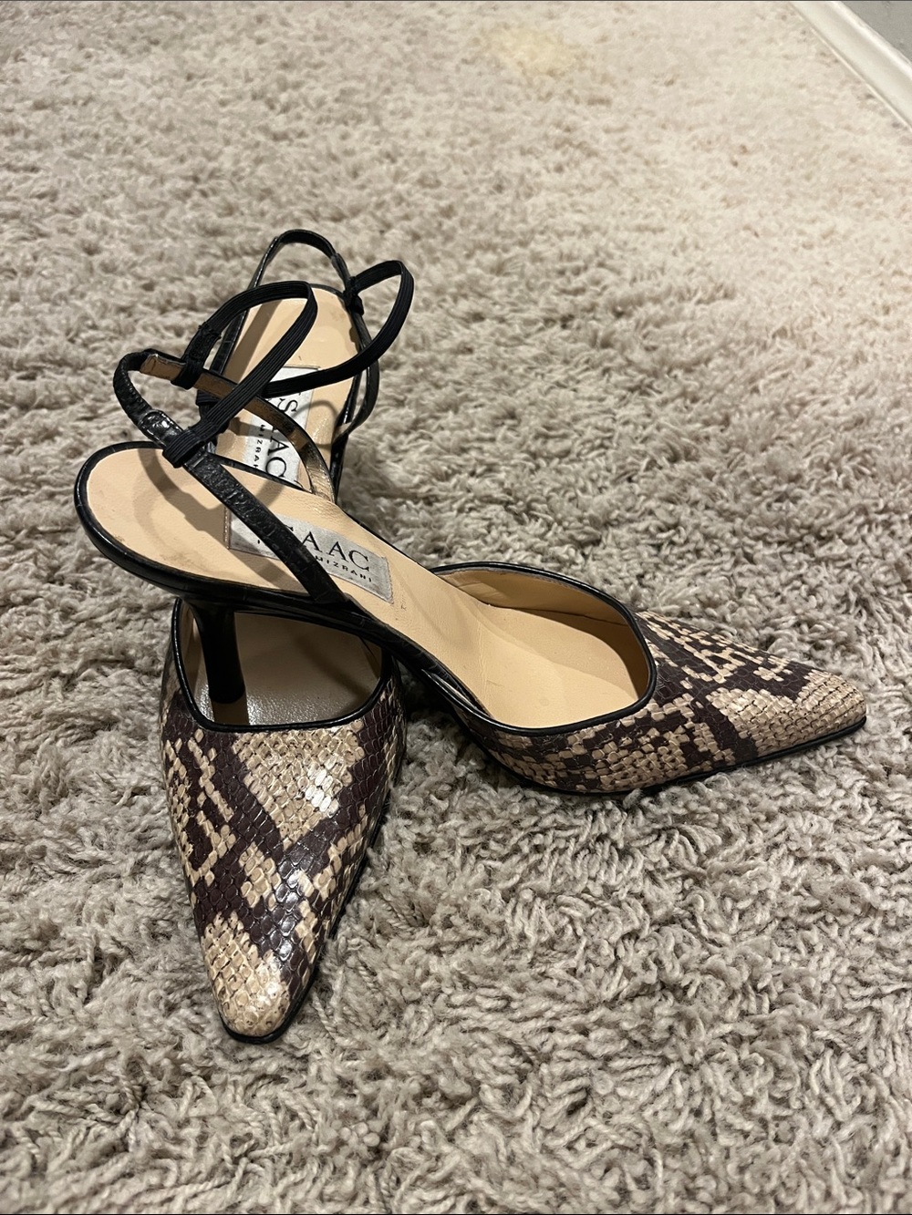 Isaac Mizrahi Black-Strap Snake Print Pointed Toe Slingback Pumps